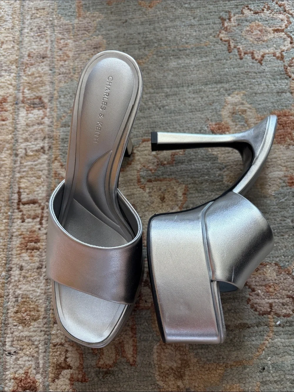 Charles & Keith Metallic Silver Platform Slide Sandals